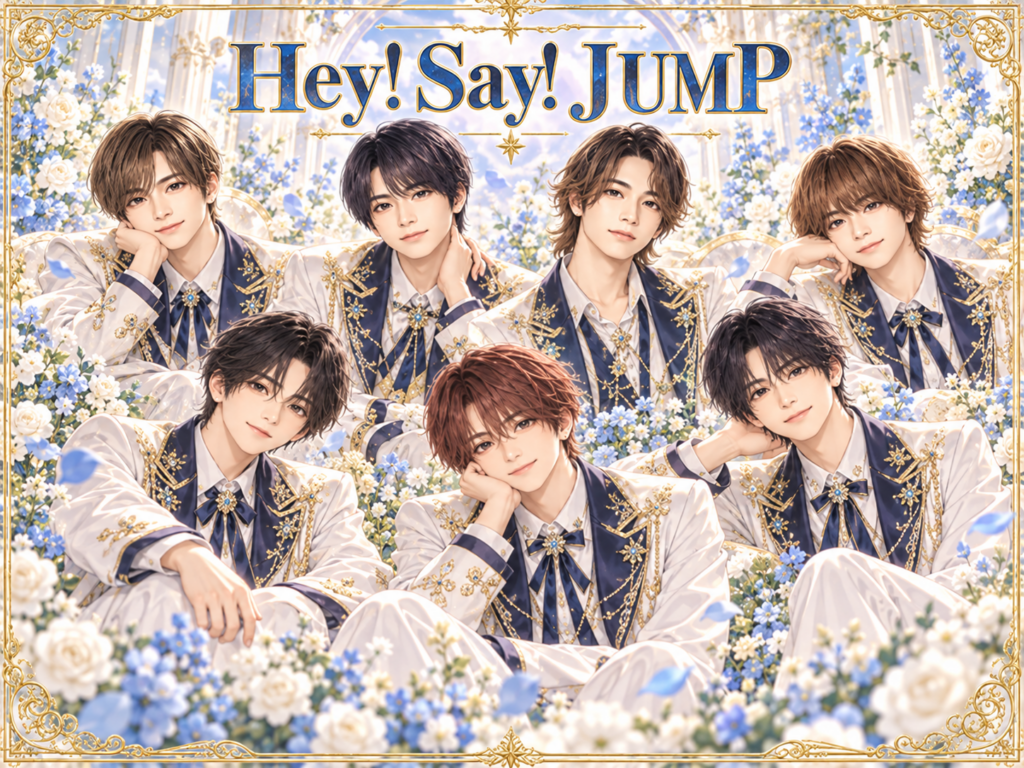 Hey! Say! JUMPの非公式集合イラスト。白・紺・金の衣装と花の背景。