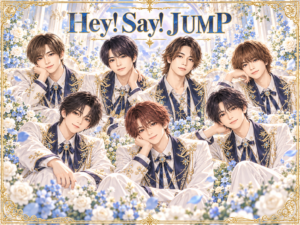 Hey! Say! JUMPの非公式集合イラスト。白・紺・金の衣装と花の背景。