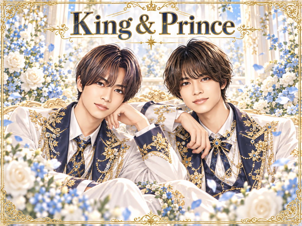 King & Princeの非公式集合イラスト。白・紺・金の衣装と花の背景。