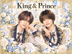 King & Princeの非公式集合イラスト。白・紺・金の衣装と花の背景。