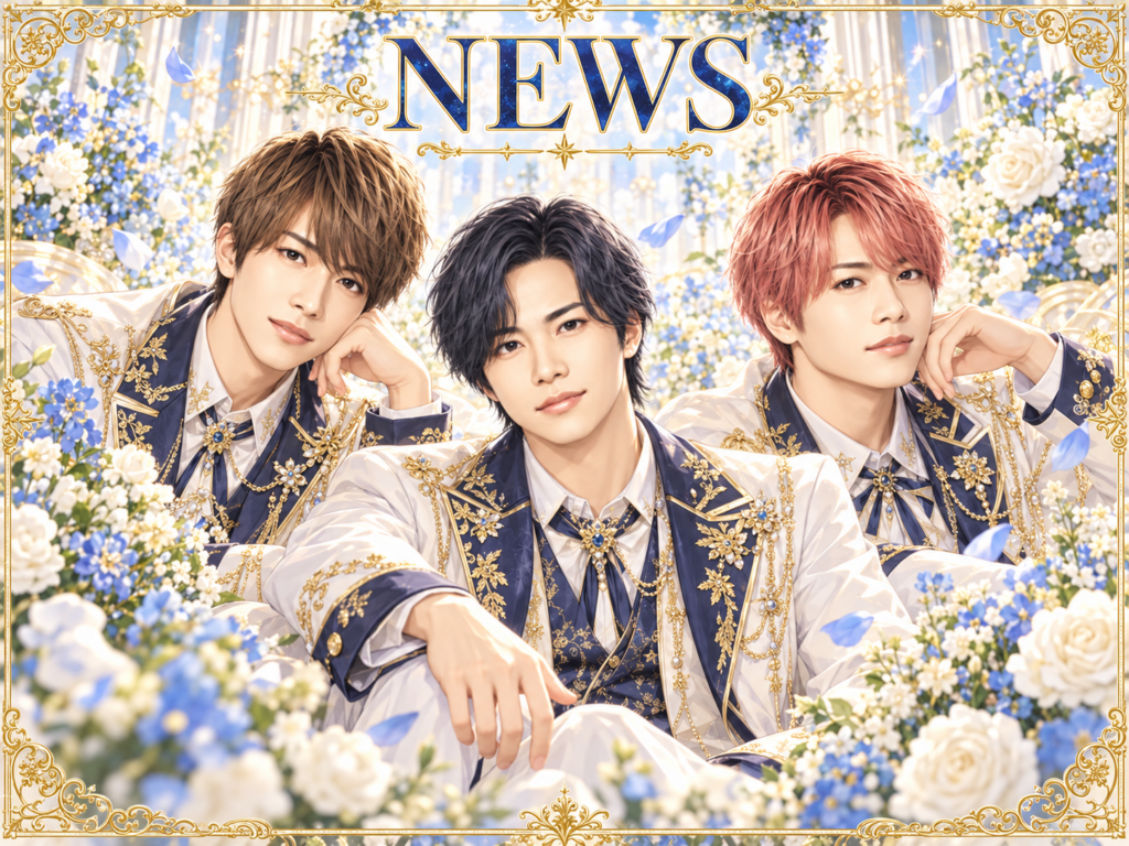 NEWSの非公式集合イラスト。白・紺・金の衣装と花の背景。