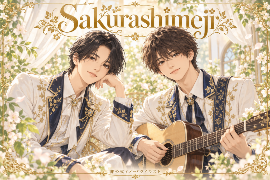 Sakurashimejiをイメージした2人とアコースティックギターの非公式アニメ風イラスト