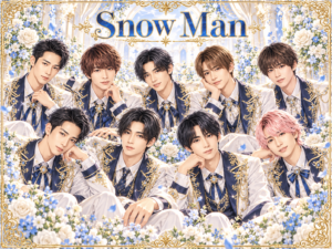 Snow Manの非公式集合イラスト。白・紺・金の衣装と花の背景。