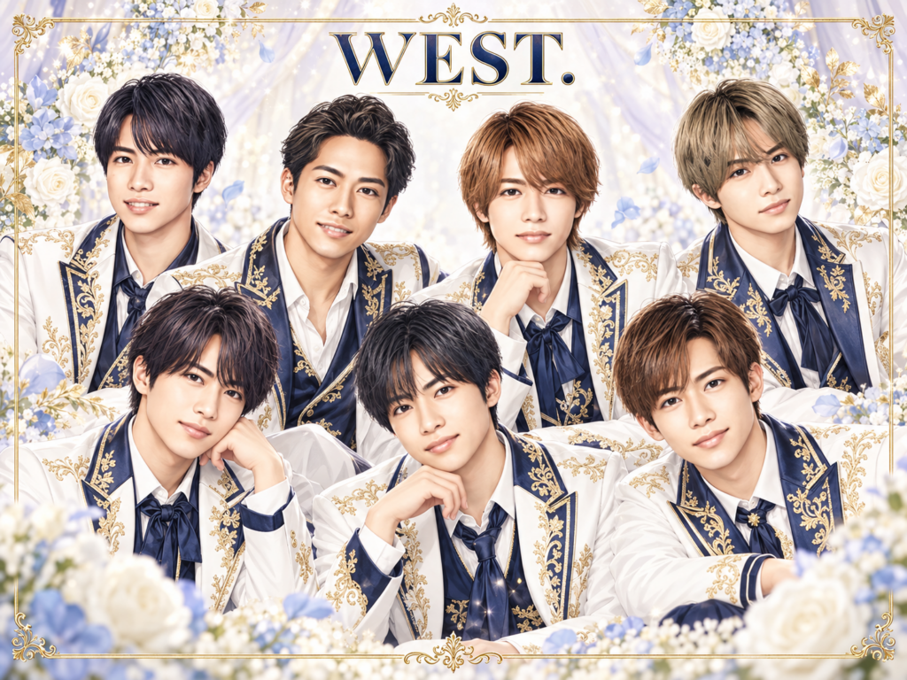 WEST.の非公式集合イラスト。白・紺・金の衣装と花の背景。