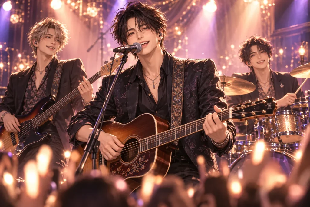 ボーカルとベースとドラムの3人が温かな光の中で演奏するバンドのイメージイラスト