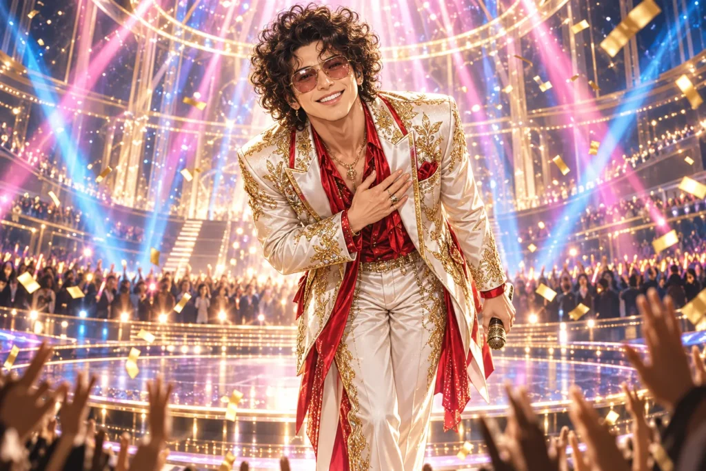 白と金の衣装の男性歌手が観客へ感謝を伝える復活公演のイメージイラスト