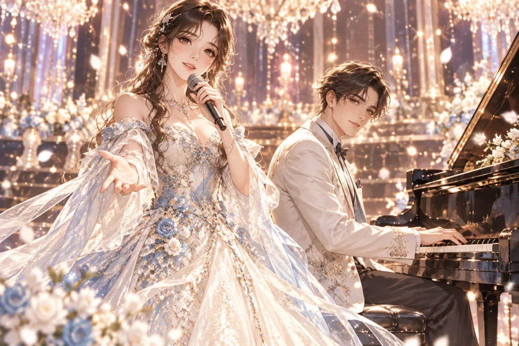 華やかな女性歌手とピアニストが共演するクラシック音楽の共通イメージイラスト