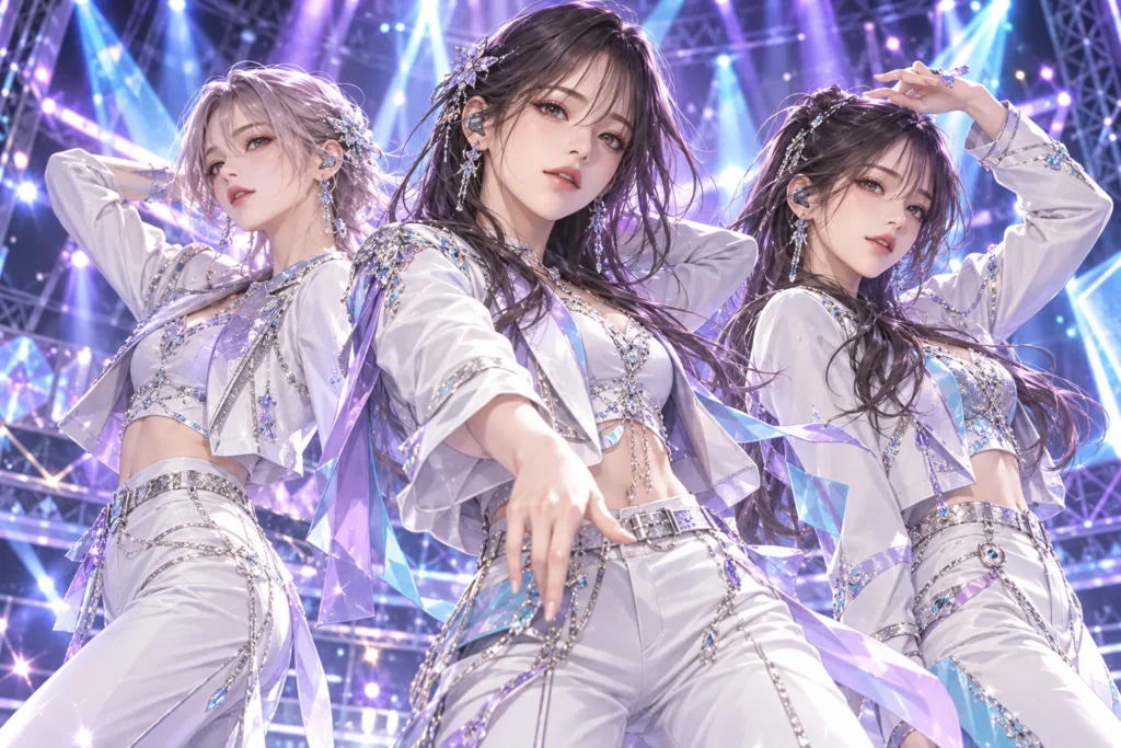 白とシルバーの衣装の3人が光のステージで踊るダンス音楽の共通イメージイラスト