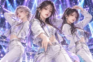 白とシルバーの衣装の3人が光のステージで踊るダンス音楽の共通イメージイラスト