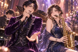 男性ボーカルと女性サックス奏者が共演するジャズの共通イメージイラスト