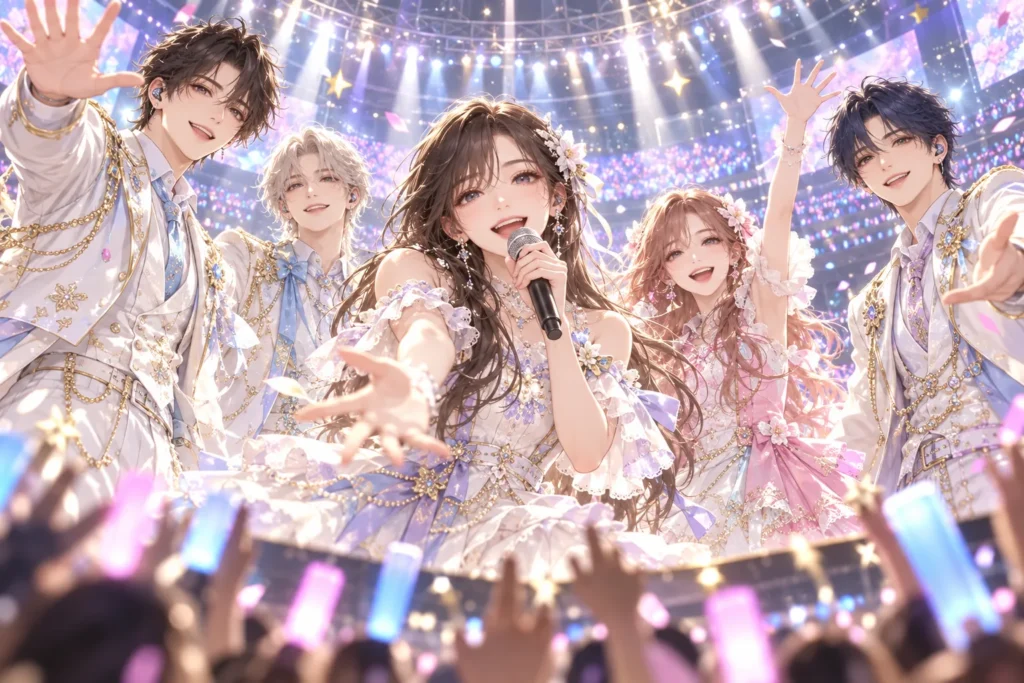ペンライトに包まれたアリーナで笑顔を届けるアイドルのライブ共通イメージイラスト