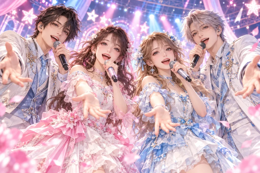 パステルカラーの衣装で歌う男女アイドルのポップス共通イメージイラスト
