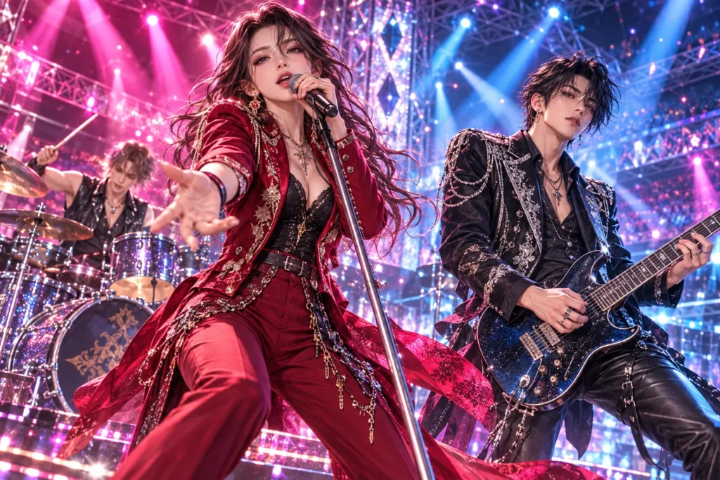 華やかな衣装のボーカルとギタリストとドラマーのロック共通イメージイラスト