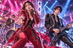 華やかな衣装のボーカルとギタリストとドラマーのロック共通イメージイラスト