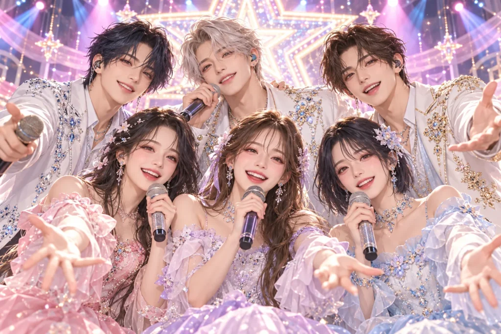 男女のアイドルが華やかな音楽ステージで歌うイメージイラスト