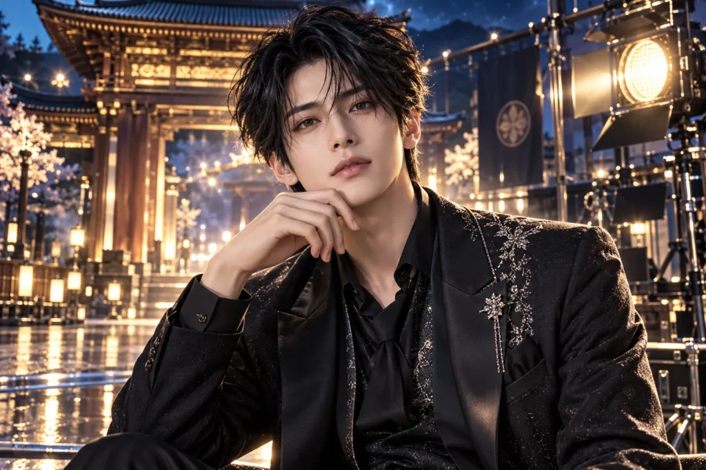 和風の撮影セットを背景にした男性アイドル俳優のイメージイラスト