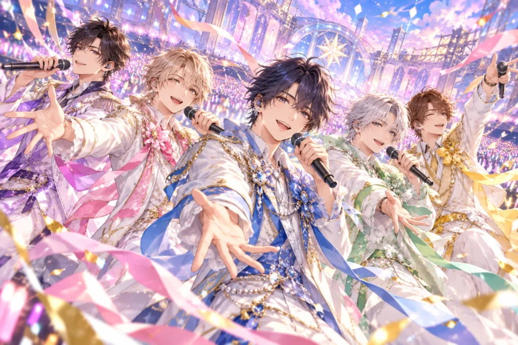 5人の男性アイドルがカラフルな衣装で歌う活動の広がりを表すイメージイラスト