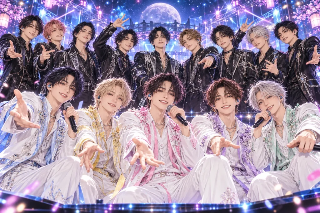 白と黒の衣装の男性アイドルたちの共演への期待を描いた架空のフェスのイメージイラスト