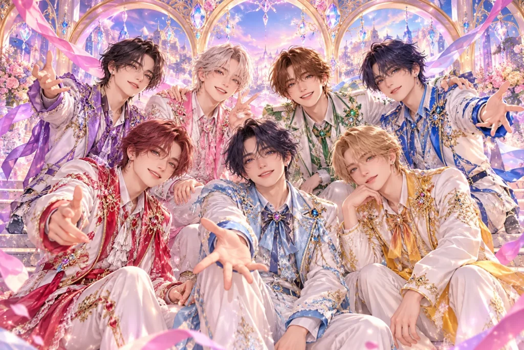 7色の衣装で周年を祝う7人の男性アイドルのイメージイラスト
