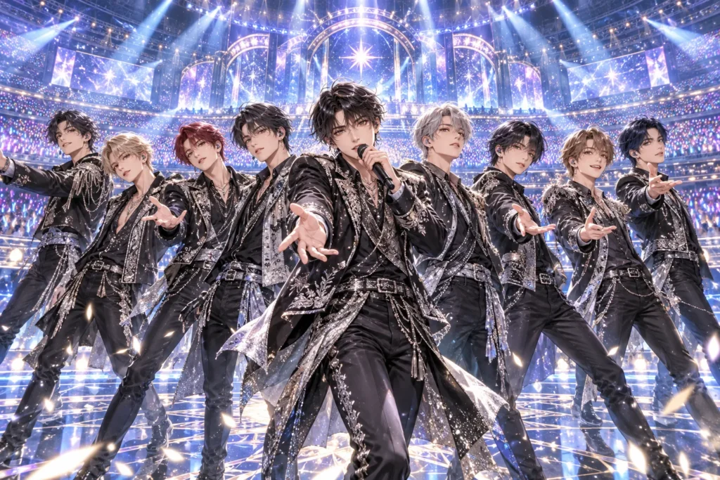 黒とシルバーの衣装の9人がドームの光に包まれるアイドル公演のイメージイラスト