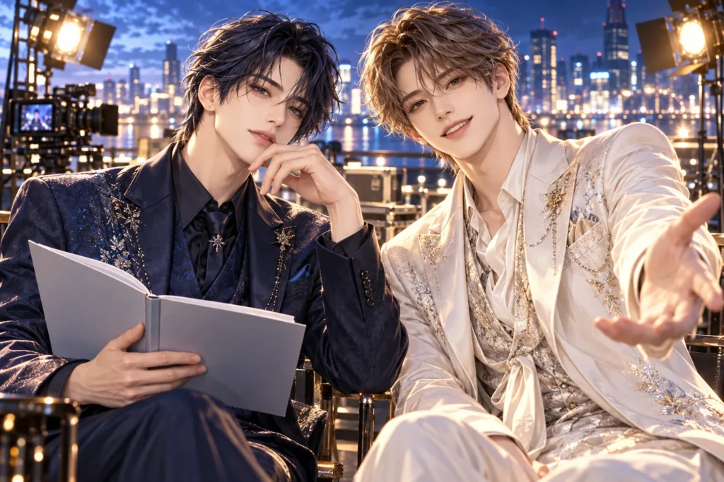 映画撮影現場で台本を手にする2人の男性アイドル俳優のイメージイラスト