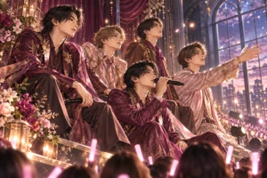 timelesz LIVE TOUR 2026の音楽・ライブをテーマにした専用イメージイラスト（実写ではありません）