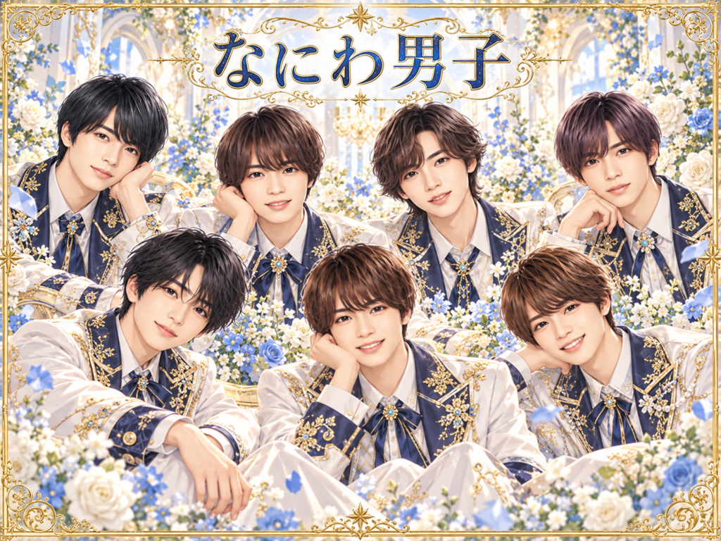 なにわ男子の非公式集合イラスト。白・紺・金の衣装と花の背景。
