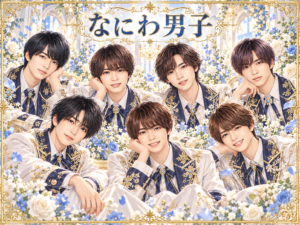 なにわ男子の非公式集合イラスト。白・紺・金の衣装と花の背景。