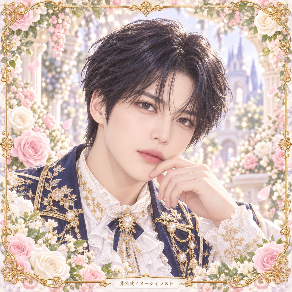 ジェジュンの非公式イメージイラスト。白・紺・金の衣装と花の装飾。