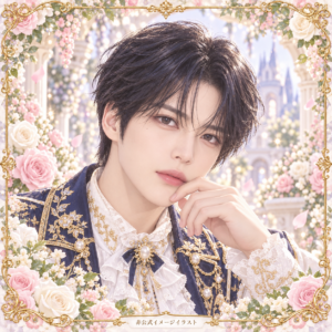 ジェジュンの非公式イメージイラスト。白・紺・金の衣装と花の装飾。