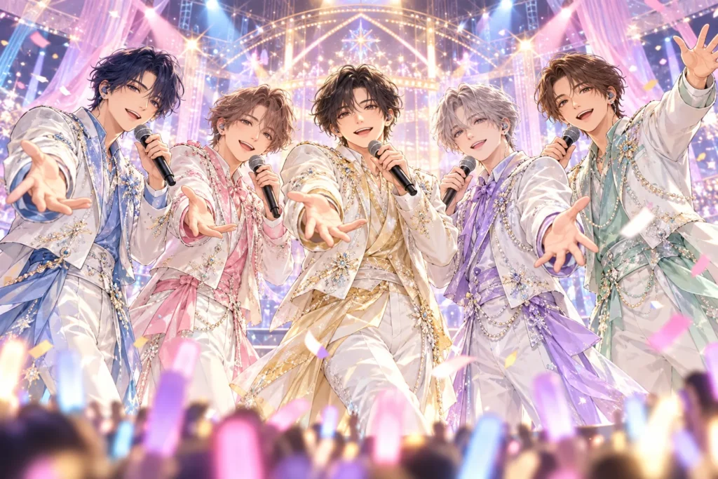夕暮れの街とステージを眺めるファンたちのイメージイラスト