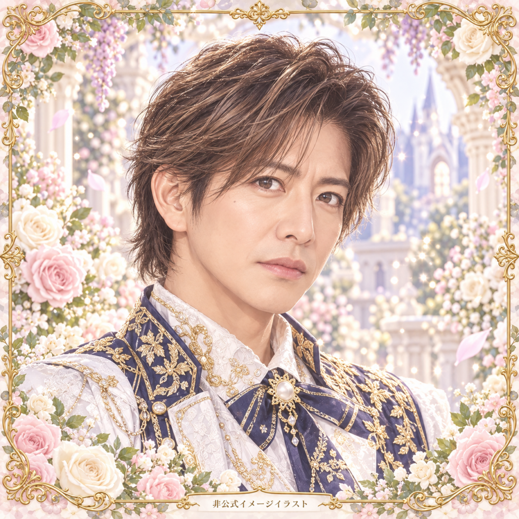 木村拓哉の非公式イメージイラスト。白・紺・金の衣装と花の装飾。