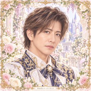 木村拓哉の非公式イメージイラスト。白・紺・金の衣装と花の装飾。