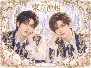 東方神起の非公式イメージイラスト。白・紺・金の衣装と花の装飾。